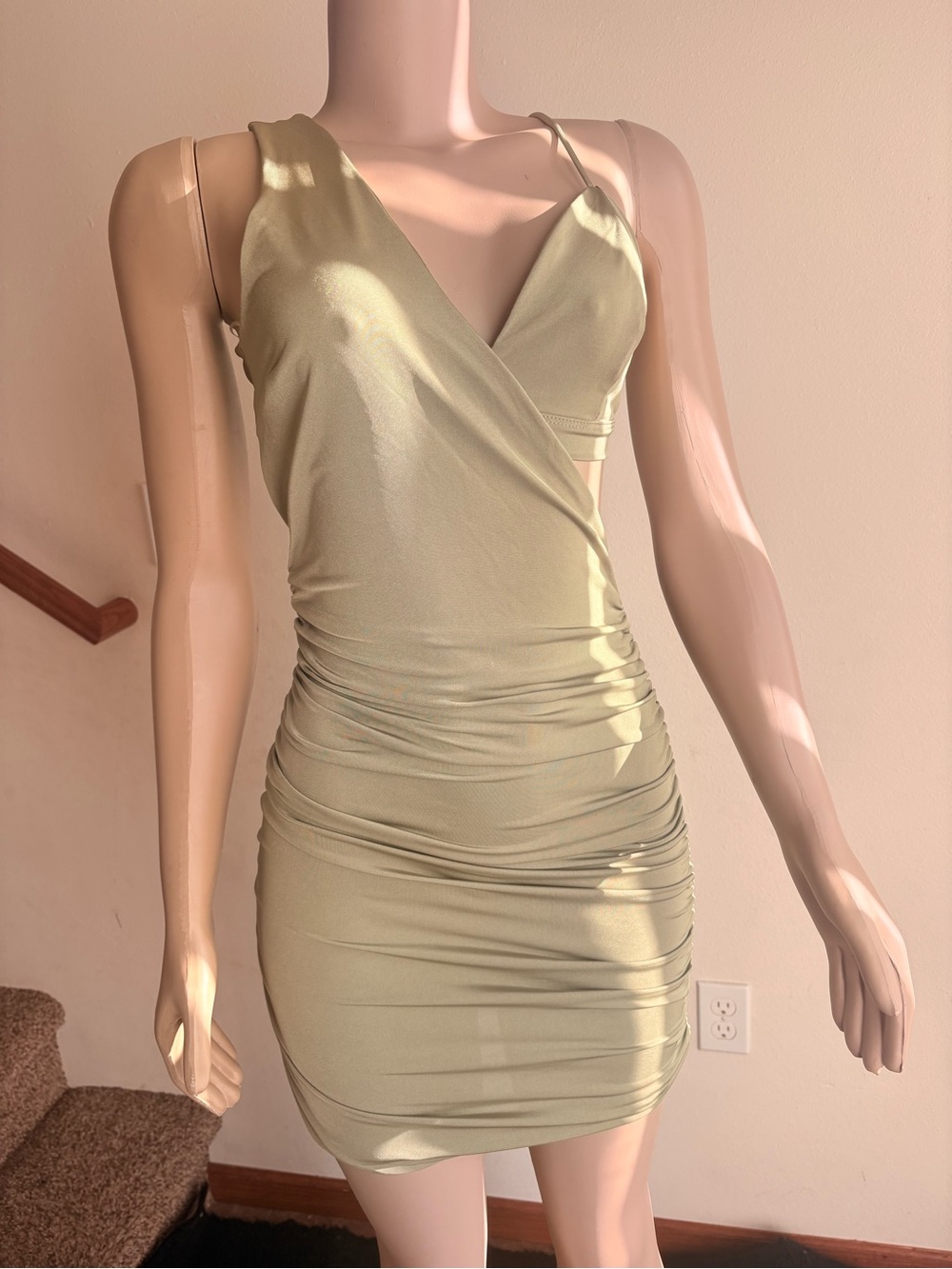 Women's Olive Green Ruched Wrap Mini Dress